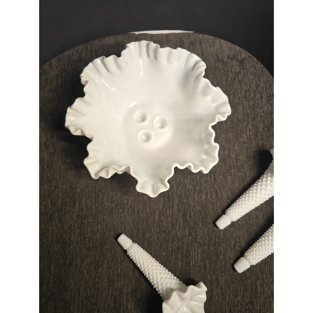 Vintage Fenton Hobnail Milk Glass Epergne Ruffled Bowl 3 Horned Vase Art Glass - Picture 6 of 11